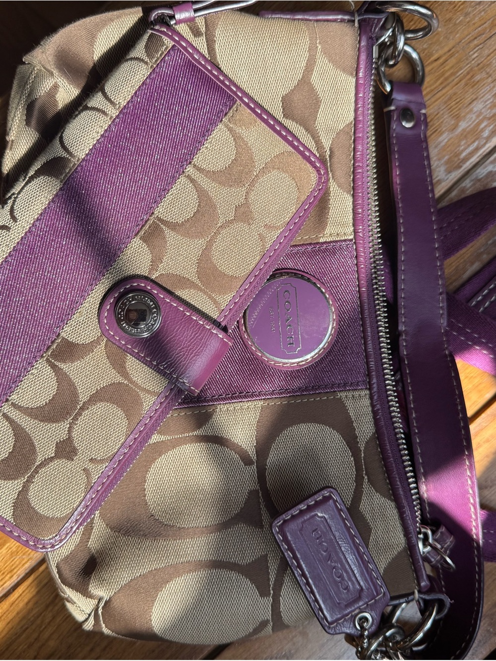 Coach Tan Signature Canvas Shoulder Bag with Purple Trim